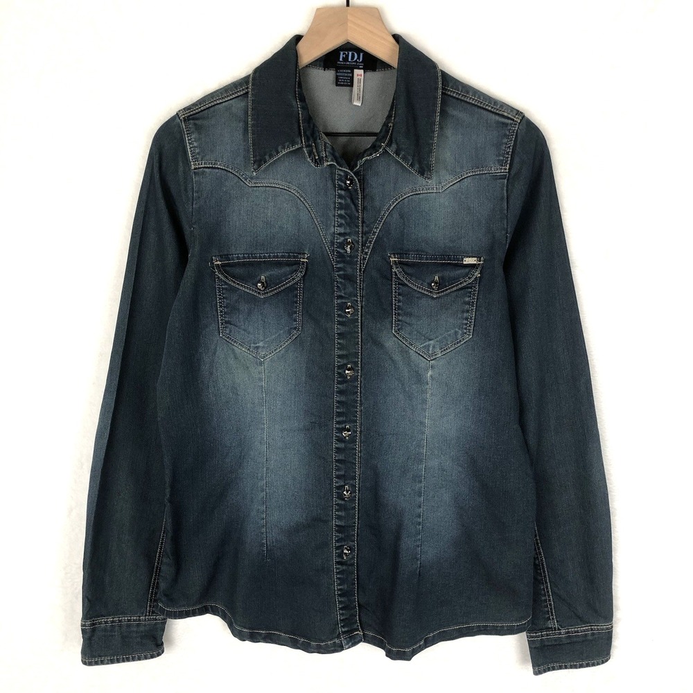 FDJ Western Denim Shirt Women's Sz 6 Blue Jewel Button Cowgirl Rodeo L/S EUC‎